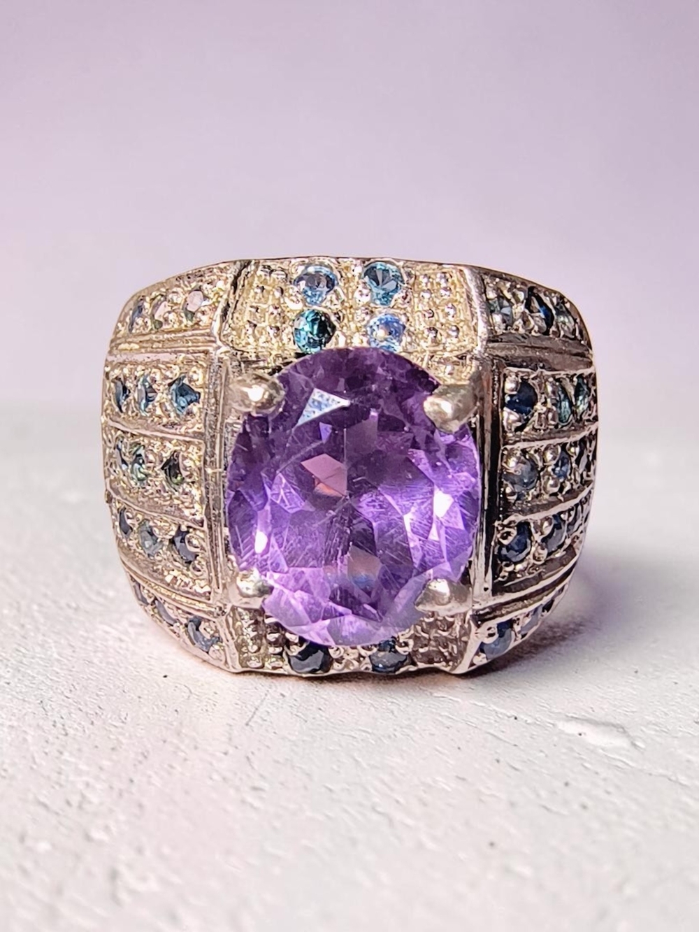 Sterling Silver & Purple Gemstone Statement Ring with Blue Sapphire  Accents